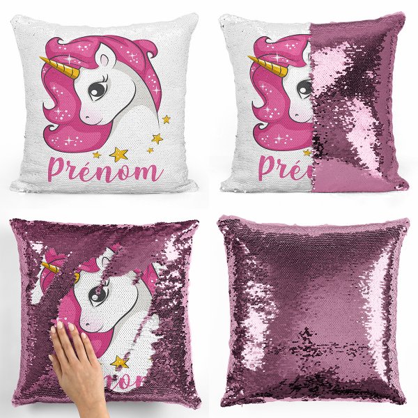 coussin pillow mermaid à sequin magique enfant reversible et personnalisable avec motif licorne étoiles de couleur rose clair