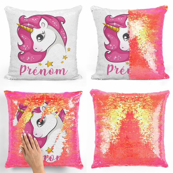 coussin pillow mermaid à sequin magique enfant reversible et personnalisable avec motif licorne étoiles de couleur orange nacré