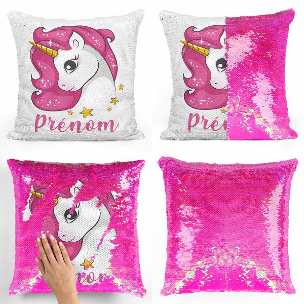 coussin pillow mermaid à sequin magique enfant reversible et personnalisable avec motif licorne étoiles de couleur rose nacré