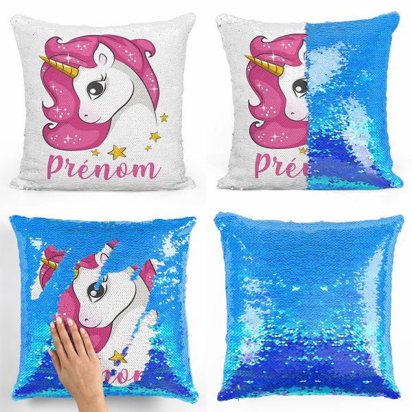coussin pillow mermaid à sequin magique enfant reversible et personnalisable avec motif licorne étoiles de couleur bleu nacré
