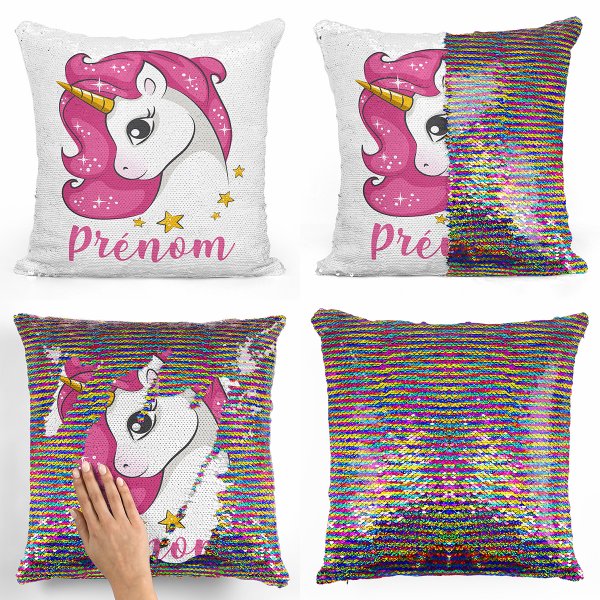 coussin pillow mermaid à sequin magique enfant reversible et personnalisable avec motif licorne étoiles de couleur multicolore