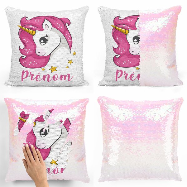 coussin pillow mermaid à sequin magique enfant reversible et personnalisable avec motif licorne étoiles de couleur blanc nacré