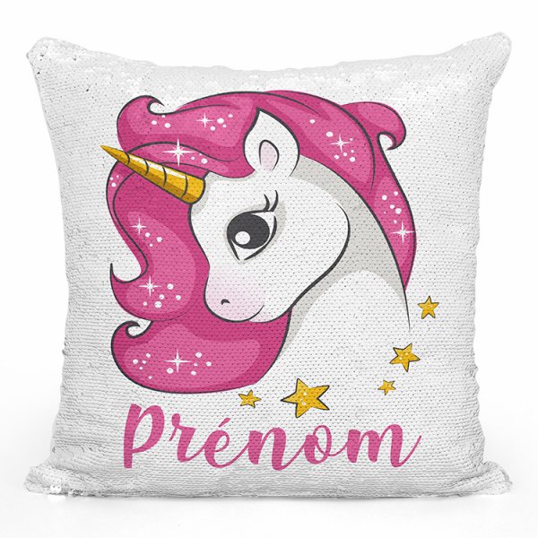 coussin pillow mermaid à sequin magique enfant reversible et personnalisable avec motif licorne étoiles