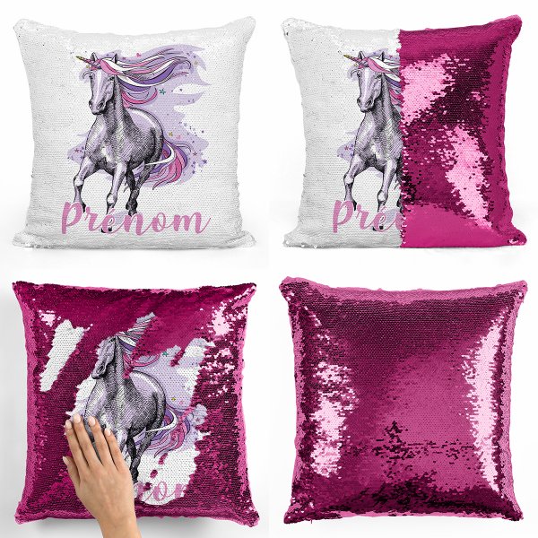 coussin pillow mermaid à sequin magique enfant reversible et personnalisable avec motif licorne violette de couleur fushia