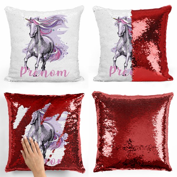 coussin pillow mermaid à sequin magique enfant reversible et personnalisable avec motif licorne violette de couleur rouge