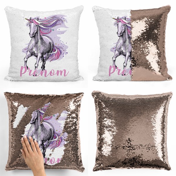 coussin pillow mermaid à sequin magique enfant reversible et personnalisable avec motif licorne violette de couleur champagne