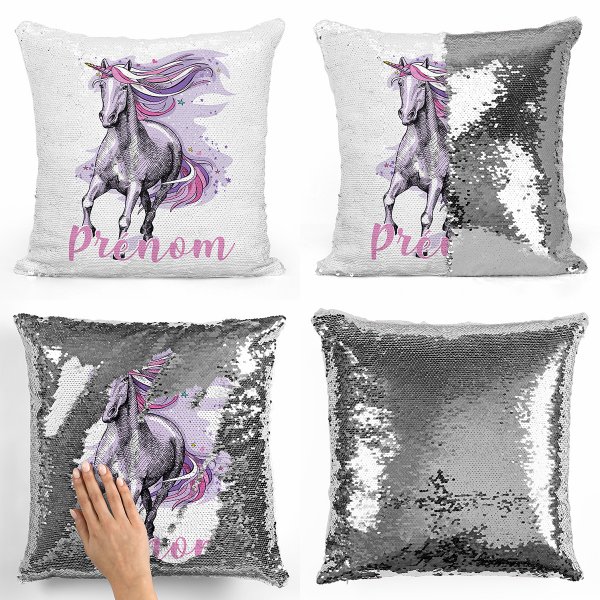 coussin pillow mermaid à sequin magique enfant reversible et personnalisable avec motif licorne violette de couleur argent