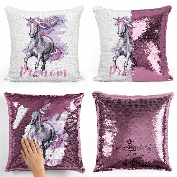 coussin pillow mermaid à sequin magique enfant reversible et personnalisable avec motif licorne violette de couleur rose clair