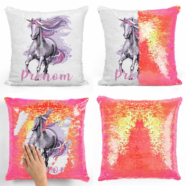 coussin pillow mermaid à sequin magique enfant reversible et personnalisable avec motif licorne violette de couleur orange nacré