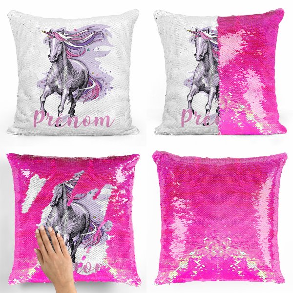 coussin pillow mermaid à sequin magique enfant reversible et personnalisable avec motif licorne violette de couleur rose nacré
