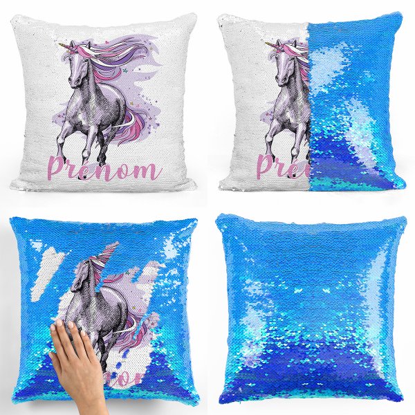 coussin pillow mermaid à sequin magique enfant reversible et personnalisable avec motif licorne violette de couleur bleu nacré