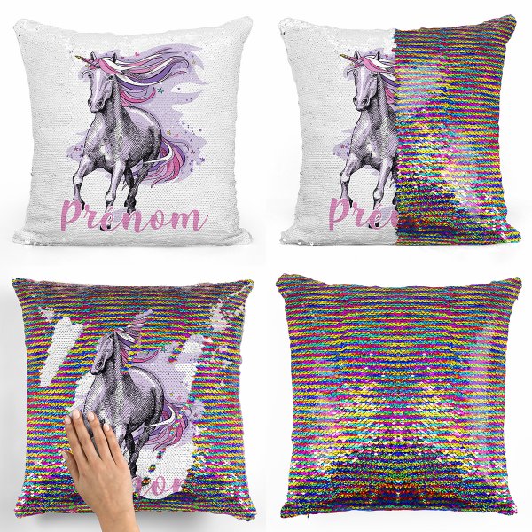 coussin pillow mermaid à sequin magique enfant reversible et personnalisable avec motif licorne violette de couleur multicolore