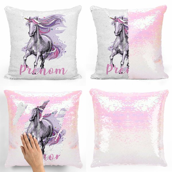 coussin pillow mermaid à sequin magique enfant reversible et personnalisable avec motif licorne violette de couleur blanc nacrépillow mermaid à sequin magique reversible et personnalisable avec motif licorne violette de couleur blanc nacré