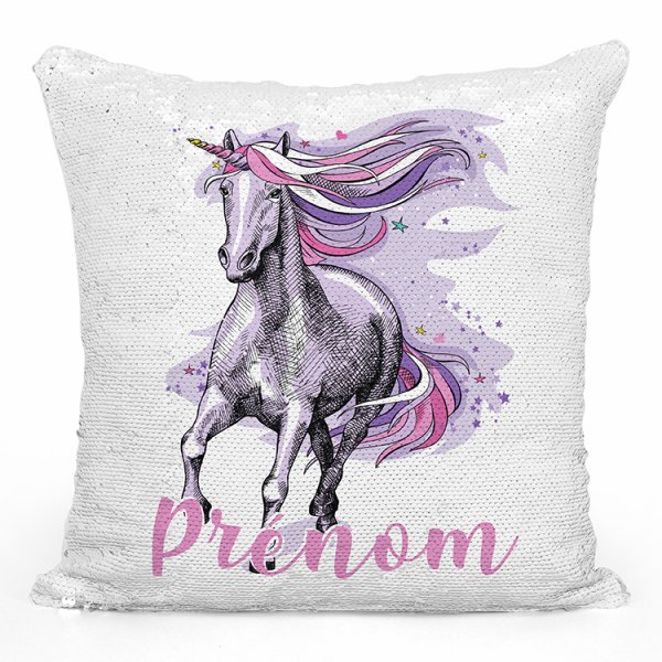 coussin pillow mermaid à sequin magique enfant reversible et personnalisable avec motif licorne violette