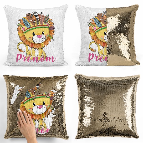 coussin pillow mermaid à sequin magique enfant reversible et personnalisable avec motif lion indien de couleur or doré