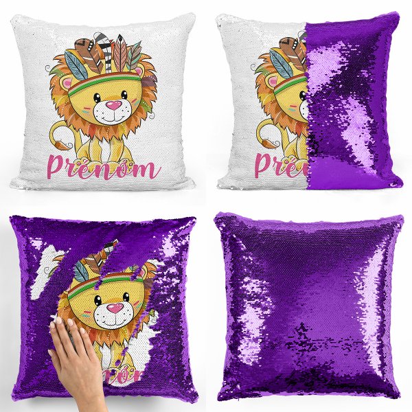 coussin pillow mermaid à sequin magique enfant reversible et personnalisable avec motif lion indien de couleur violet