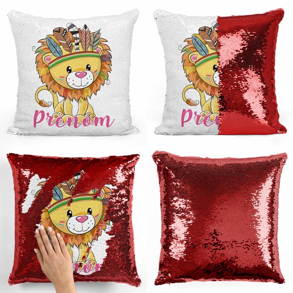 coussin pillow mermaid à sequin magique enfant reversible et personnalisable avec motif lion indien de couleur rouge