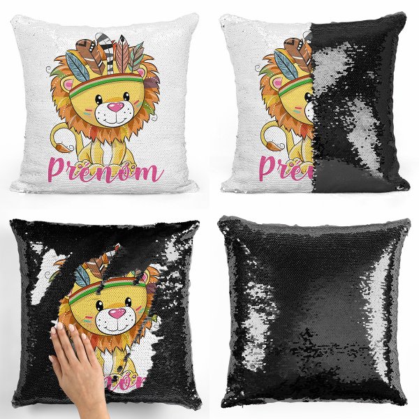 coussin pillow mermaid à sequin magique enfant reversible et personnalisable avec motif lion indien de couleur noir