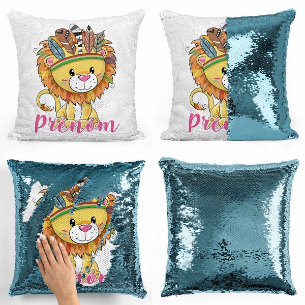 coussin pillow mermaid à sequin magique enfant reversible et personnalisable avec motif lion indien de couleur bleu clair