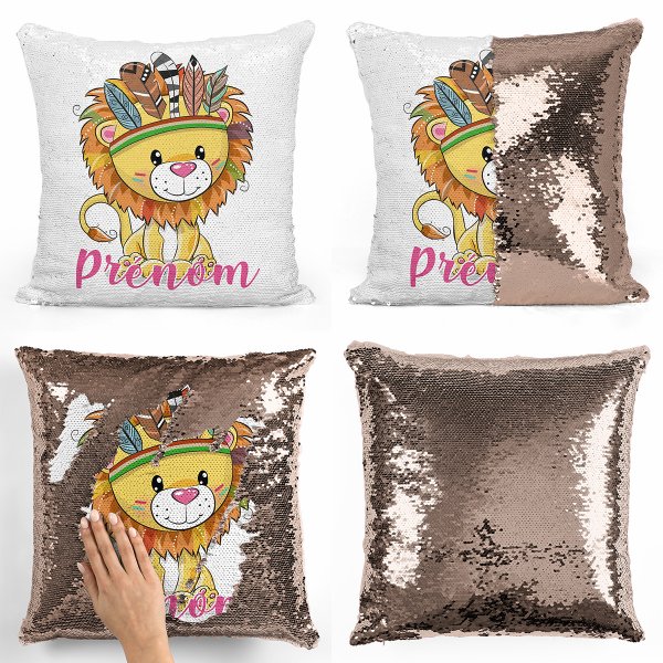 coussin pillow mermaid à sequin magique enfant reversible et personnalisable avec motif lion indien de couleur champagne