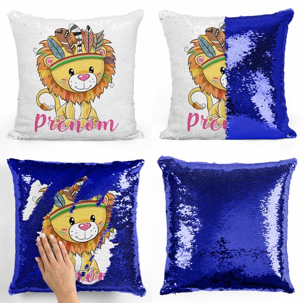 coussin pillow mermaid à sequin magique enfant reversible et personnalisable avec motif lion indien de couleur bleu foncé