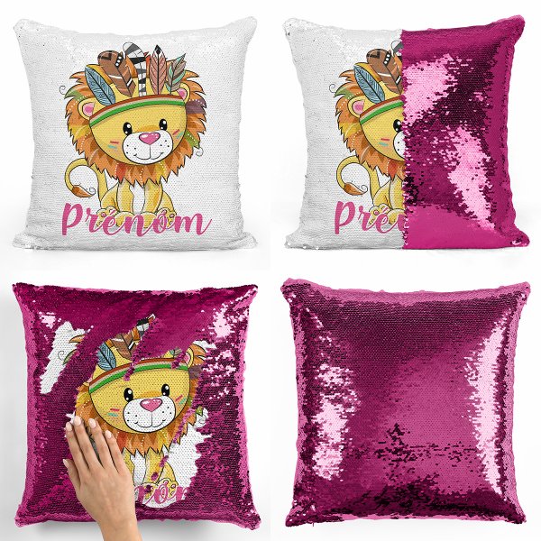 coussin pillow mermaid à sequin magique enfant reversible et personnalisable avec motif lion indien de couleur fushia