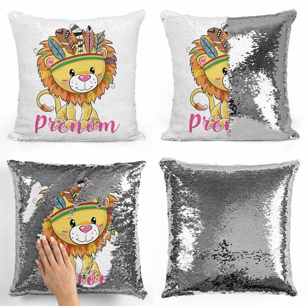 coussin pillow mermaid à sequin magique enfant reversible et personnalisable avec motif lion indien de couleur argent