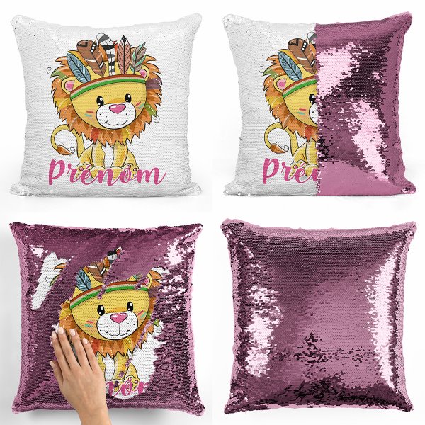 coussin pillow mermaid à sequin magique enfant reversible et personnalisable avec motif lion indien de couleur rose clair