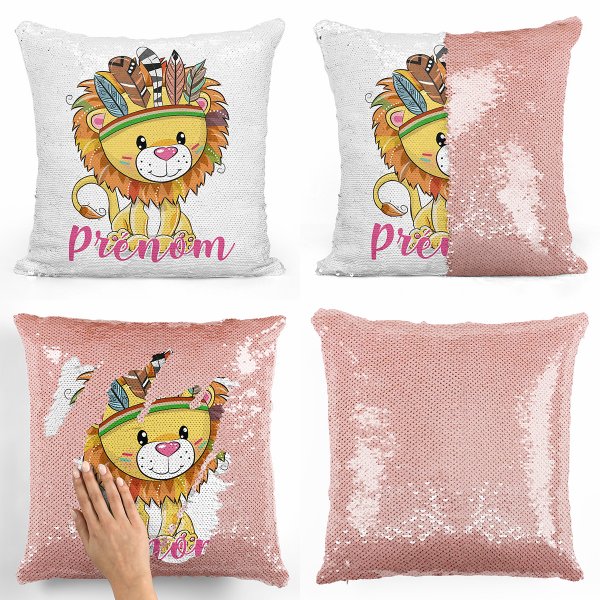 coussin pillow mermaid à sequin magique enfant reversible et personnalisable avec motif lion indien de couleur saumon