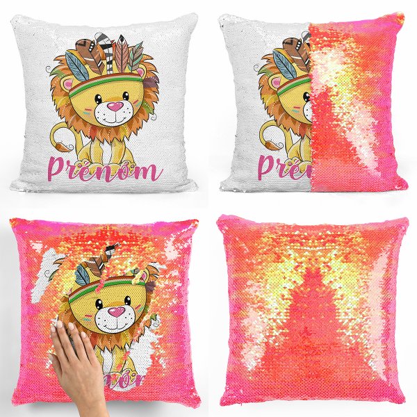 coussin pillow mermaid à sequin magique enfant reversible et personnalisable avec motif lion indien de couleur orange nacré