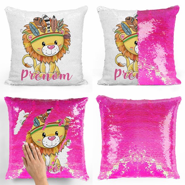 coussin pillow mermaid à sequin magique enfant reversible et personnalisable avec motif lion indien de couleur rose nacré