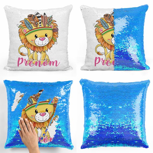 coussin pillow mermaid à sequin magique enfant reversible et personnalisable avec motif lion indien de couleur bleu nacré