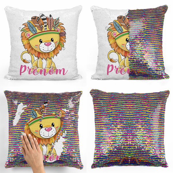 coussin pillow mermaid à sequin magique enfant reversible et personnalisable avec motif lion indien de couleur multicolore