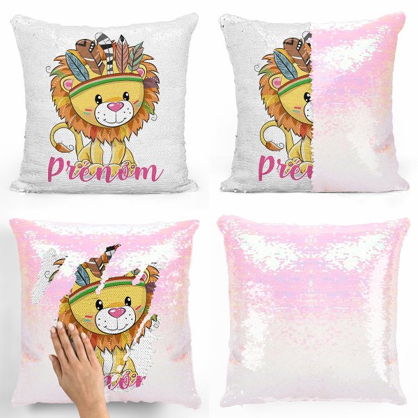 coussin pillow mermaid à sequin magique enfant reversible et personnalisable avec motif lion indien de couleur blanc nacré