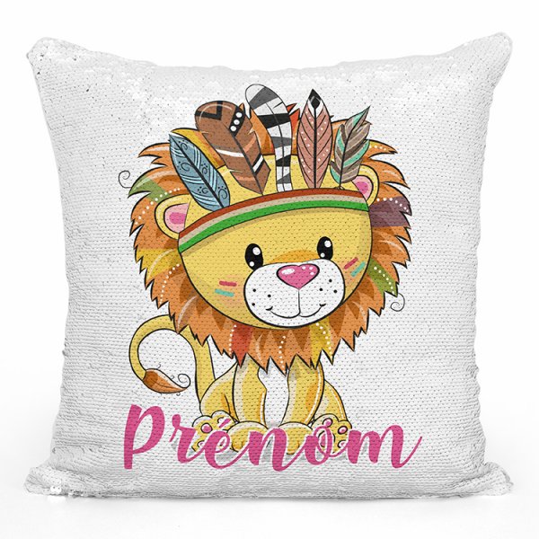 coussin pillow mermaid à sequin magique enfant reversible et personnalisable avec motif lion indien