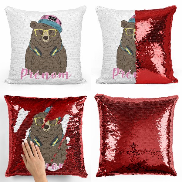 coussin pillow mermaid à sequin magique enfant reversible et personnalisable avec motif ours musique de couleur rouge