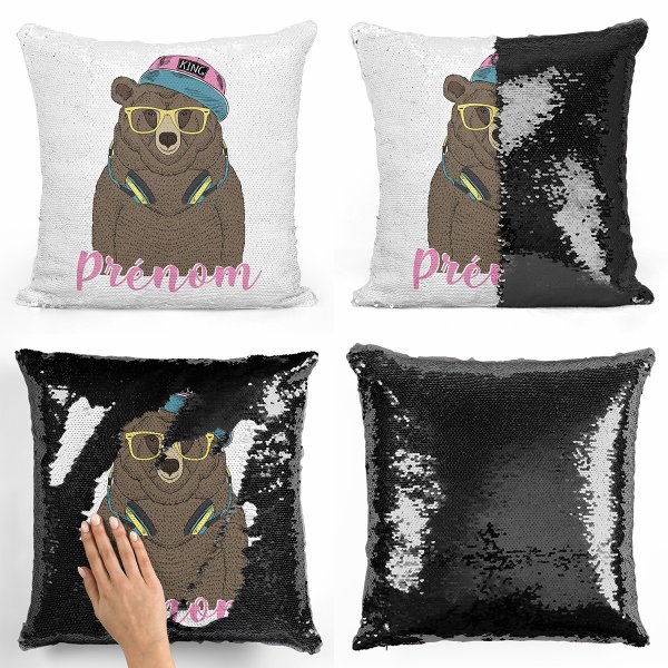 coussin pillow mermaid à sequin magique enfant reversible et personnalisable avec motif ours musique de couleur noir