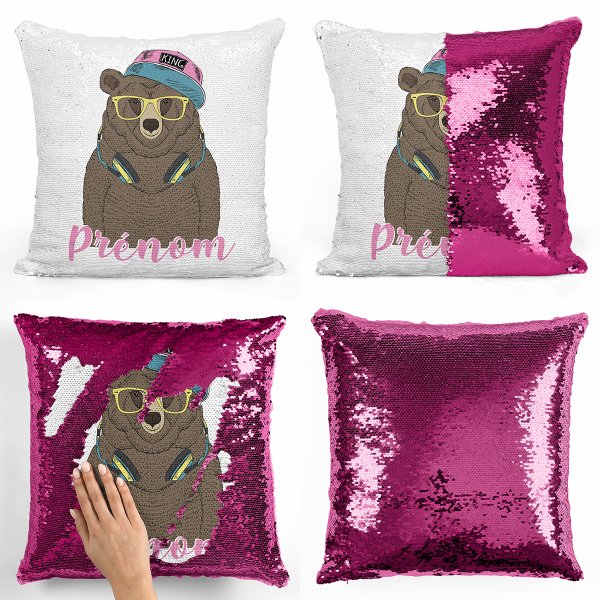 coussin pillow mermaid à sequin magique enfant reversible et personnalisable avec motif ours musique de couleur fushia