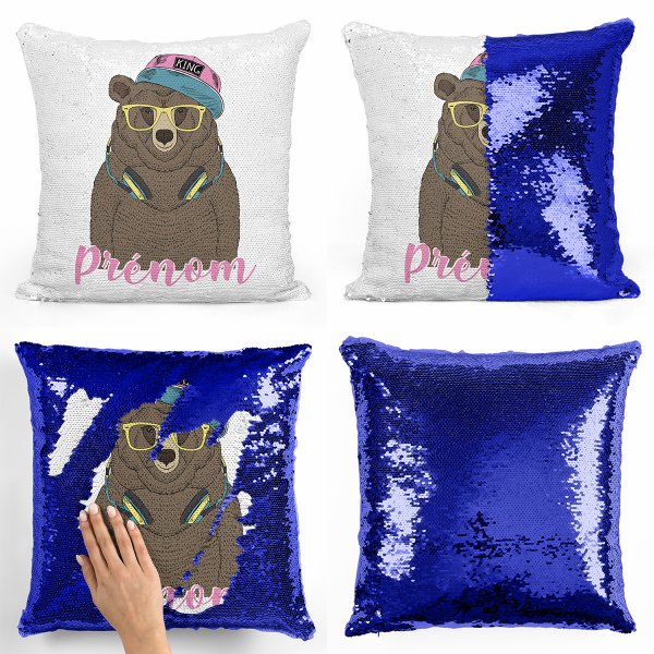 coussin pillow mermaid à sequin magique enfant reversible et personnalisable avec motif ours musique de couleur bleu foncé