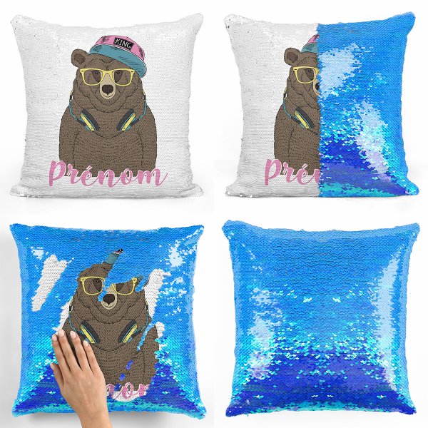 coussin pillow mermaid à sequin magique enfant reversible et personnalisable avec motif ours musique de couleur bleu nacré