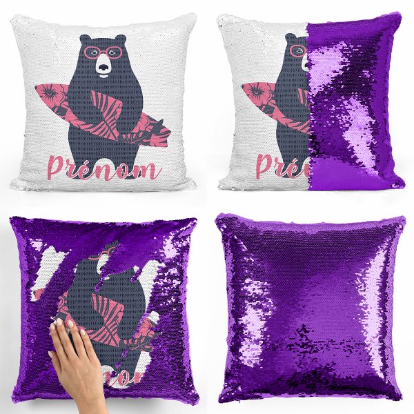 coussin pillow mermaid à sequin magique enfant reversible et personnalisable avec motif ours surfeur de couleur violet