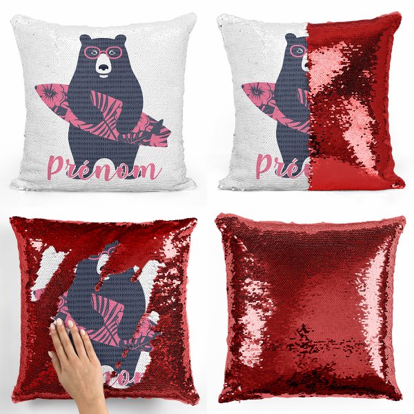 coussin pillow mermaid à sequin magique enfant reversible et personnalisable avec motif ours surfeur de couleur rouge