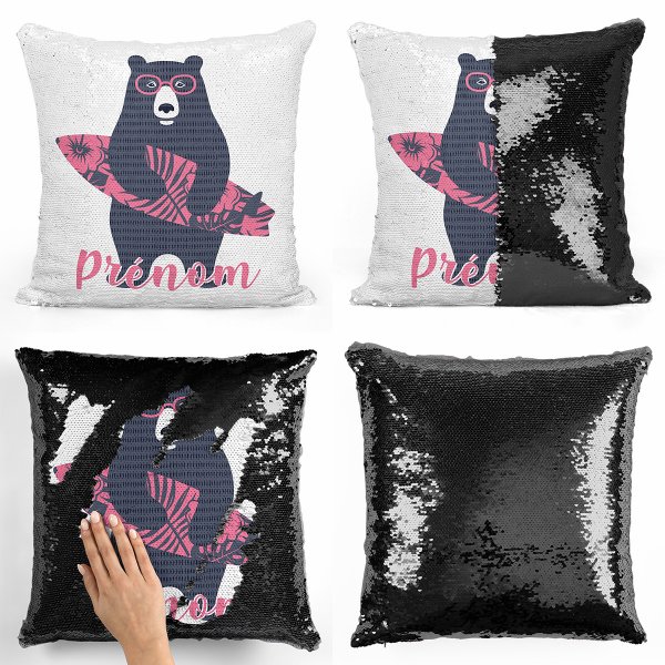 coussin pillow mermaid à sequin magique enfant reversible et personnalisable avec motif ours surfeur de couleur noir