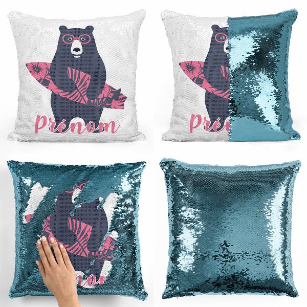 coussin pillow mermaid à sequin magique enfant reversible et personnalisable avec motif ours surfeur de couleur bleu clair