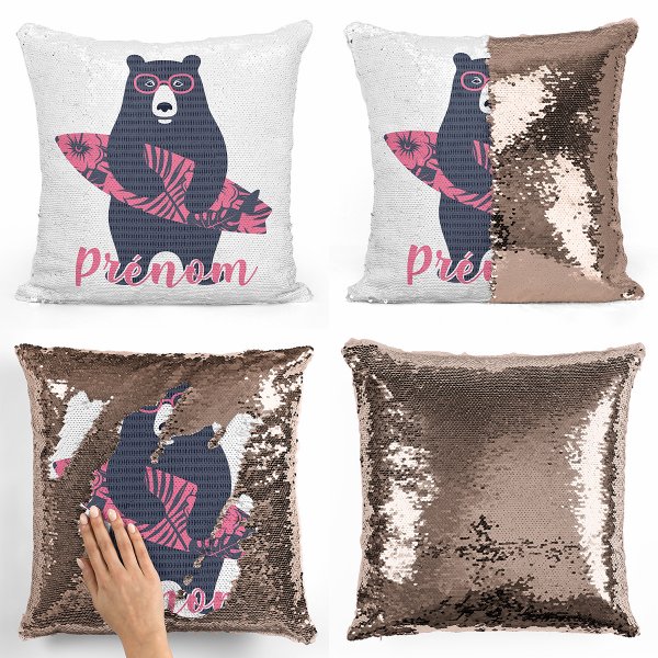 coussin pillow mermaid à sequin magique enfant reversible et personnalisable avec motif ours surfeur de couleur champagne