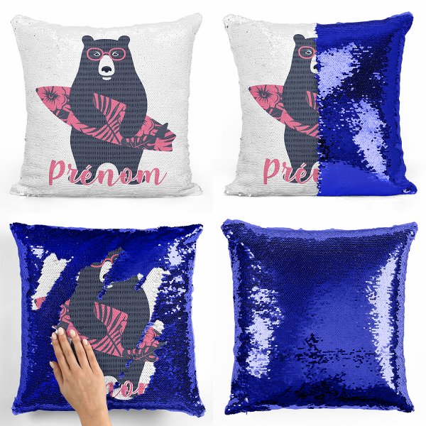 coussin pillow mermaid à sequin magique enfant reversible et personnalisable avec motif ours surfeur de couleur bleu foncé