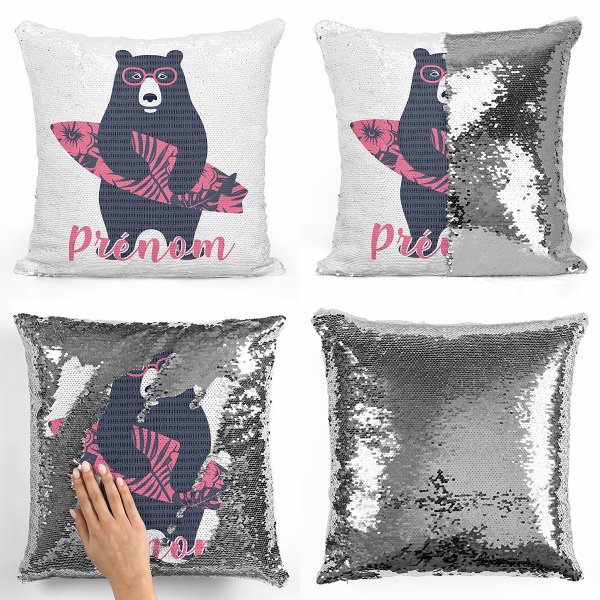 coussin pillow mermaid à sequin magique enfant reversible et personnalisable avec motif ours surfeur de couleur argent