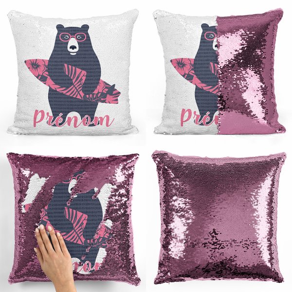 coussin pillow mermaid à sequin magique enfant reversible et personnalisable avec motif ours surfeur de couleur rose clair