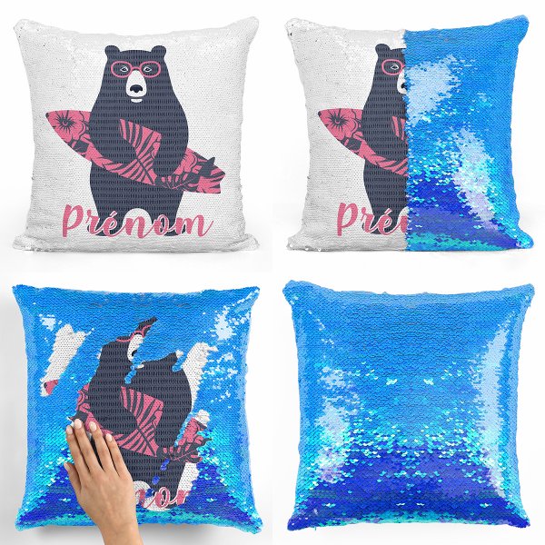 coussin pillow mermaid à sequin magique enfant reversible et personnalisable avec motif ours surfeur de couleur bleu nacré