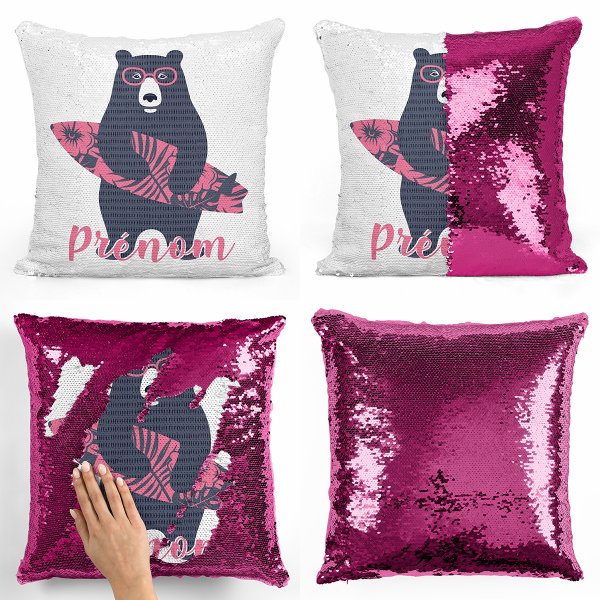 coussin pillow mermaid à sequin magique enfant reversible et personnalisable avec motif ours surfeur de couleur fushia